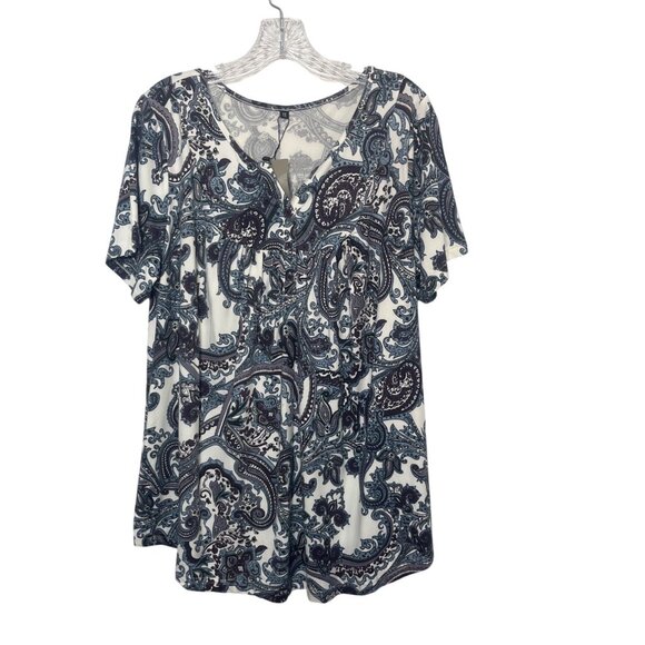 a Jesdani Paisley Print Shirt Womens 1X Blue White New Short Sleeve - Picture 2 of 10